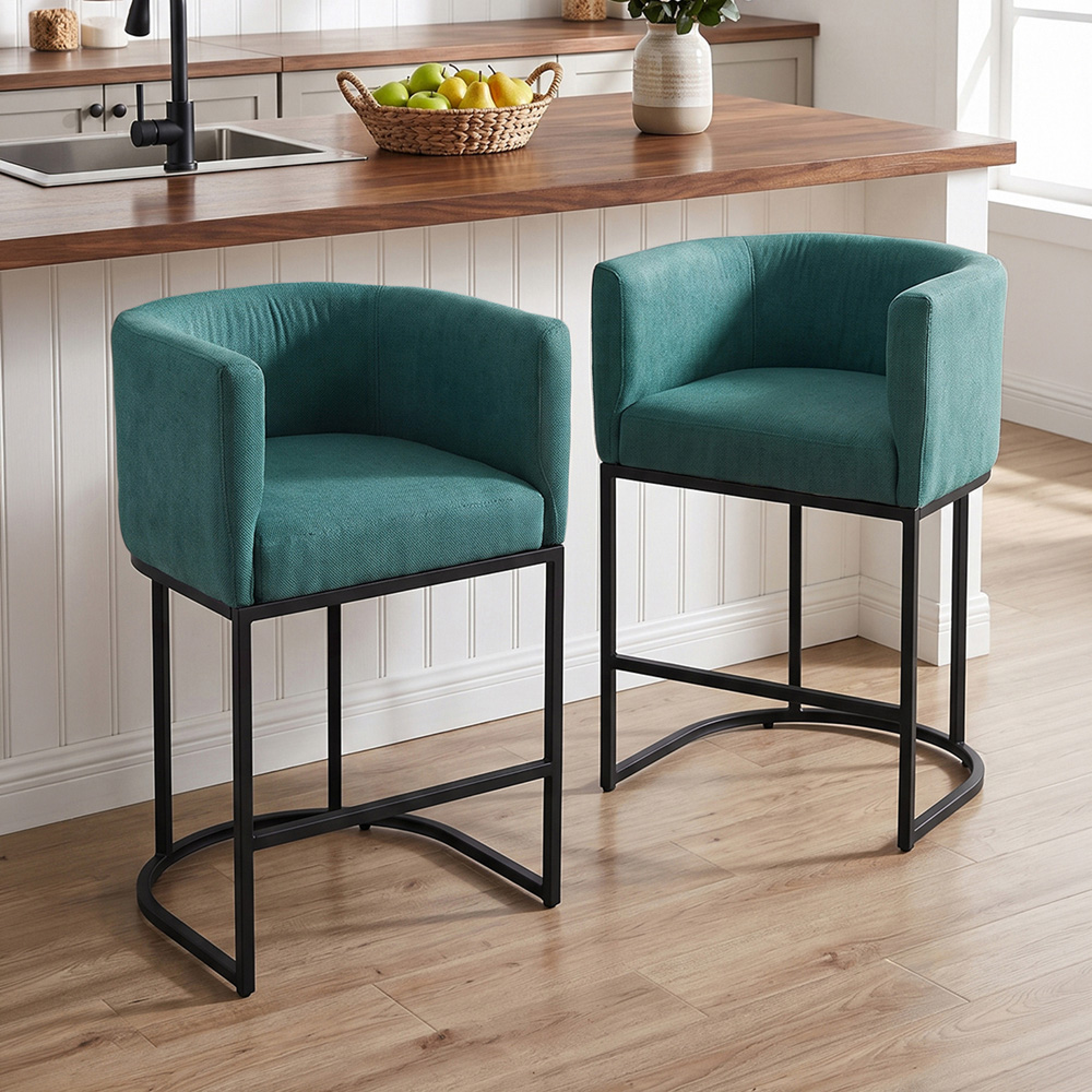 Living and Home Green Chenille Bar Stool with Armrest Set of 2 Image 8