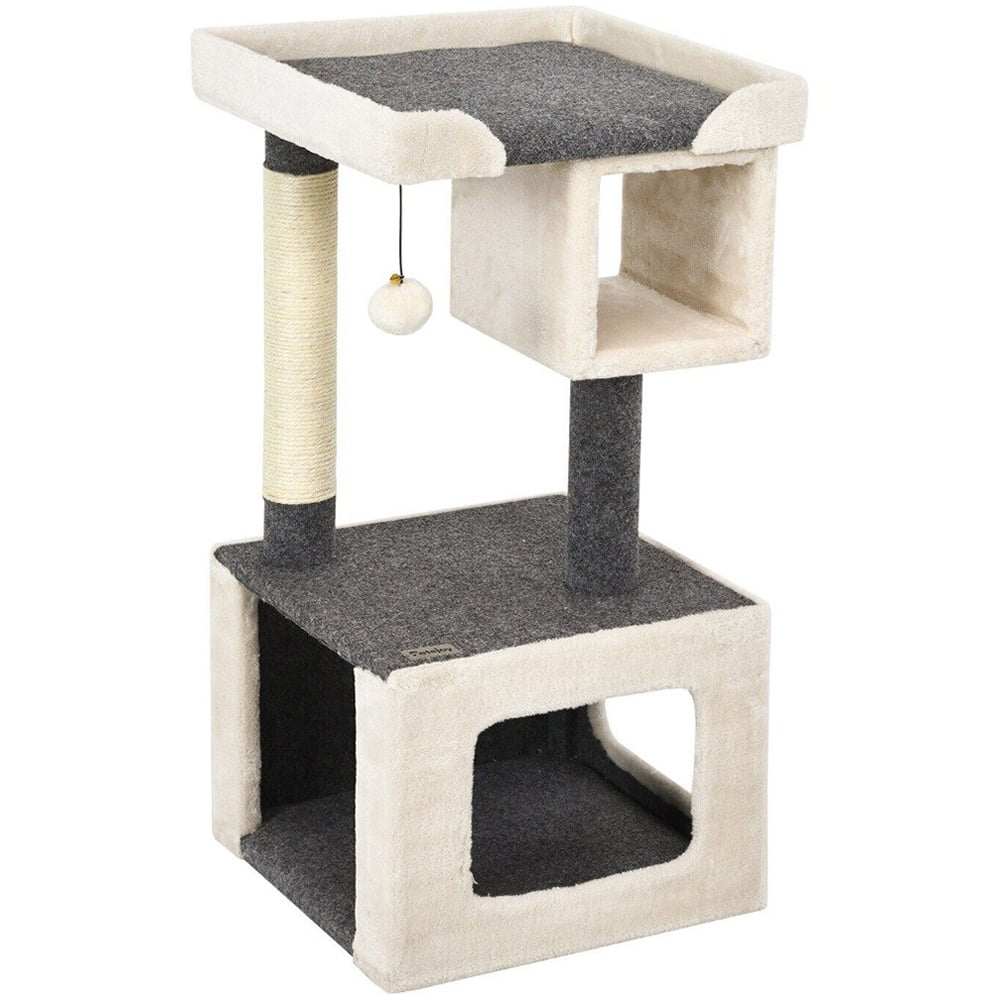Costway 2 Tier White Cat Climbing Tree with Scratching Post and Plush Ball Image 1