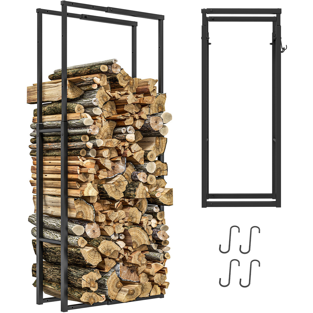 Outsunny 100-150cm Black Retractable Metal Firewood Log Storage Rack with Hooks Image 3