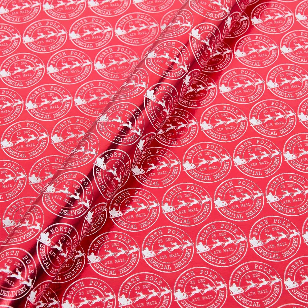 North Pole Stamp Gift Wrapping Paper Red Image 2