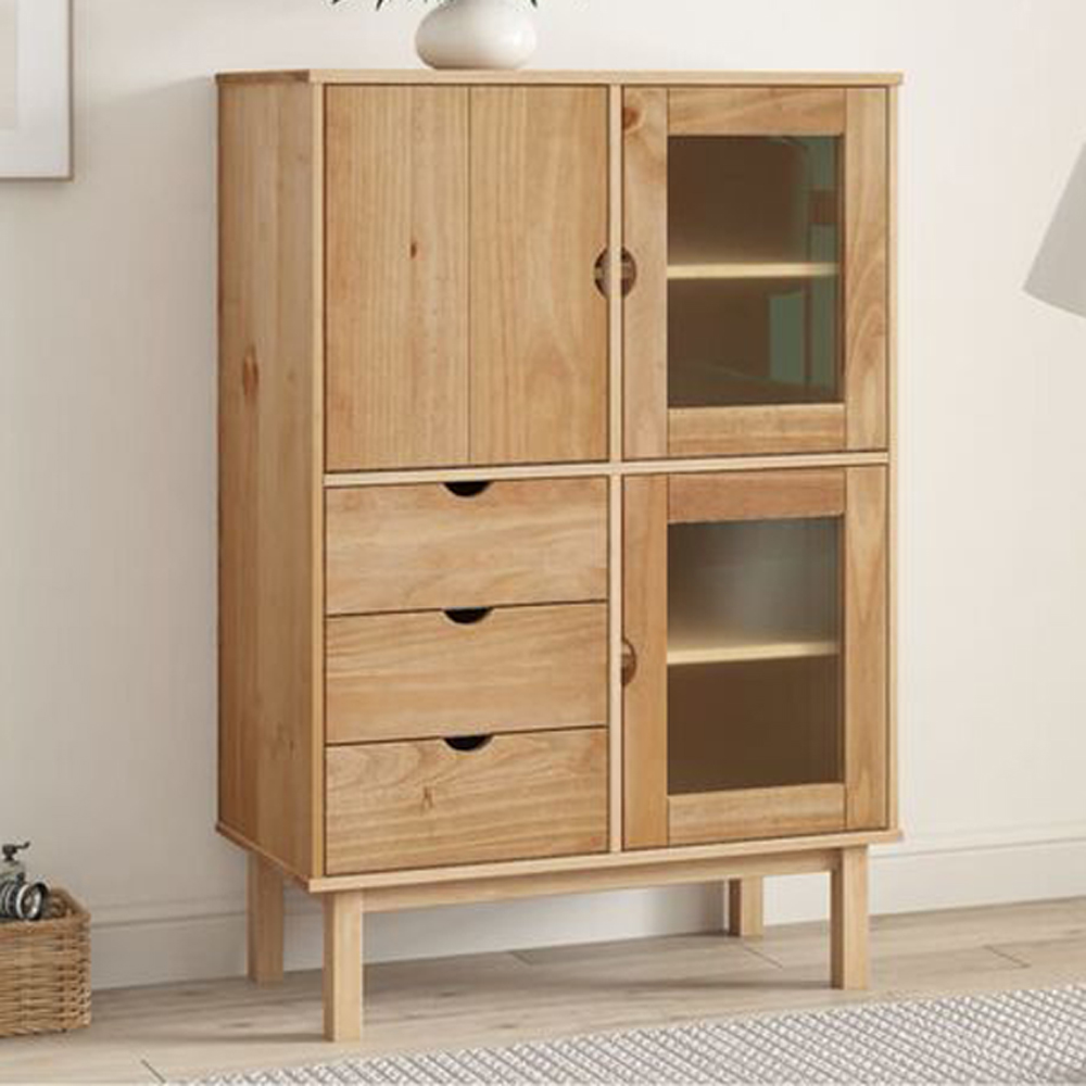 vidaXL Otta 3 Door 3 Drawer Brown Solid Pine Wood Highboard Image 1
