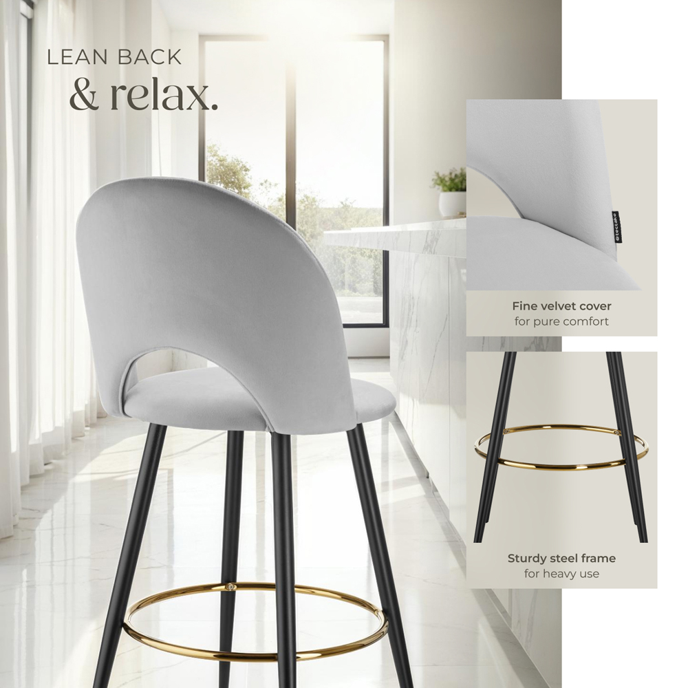 tectake Rachel Light Grey and Black Velvet Look Bar Stool Set of 2 Image 4