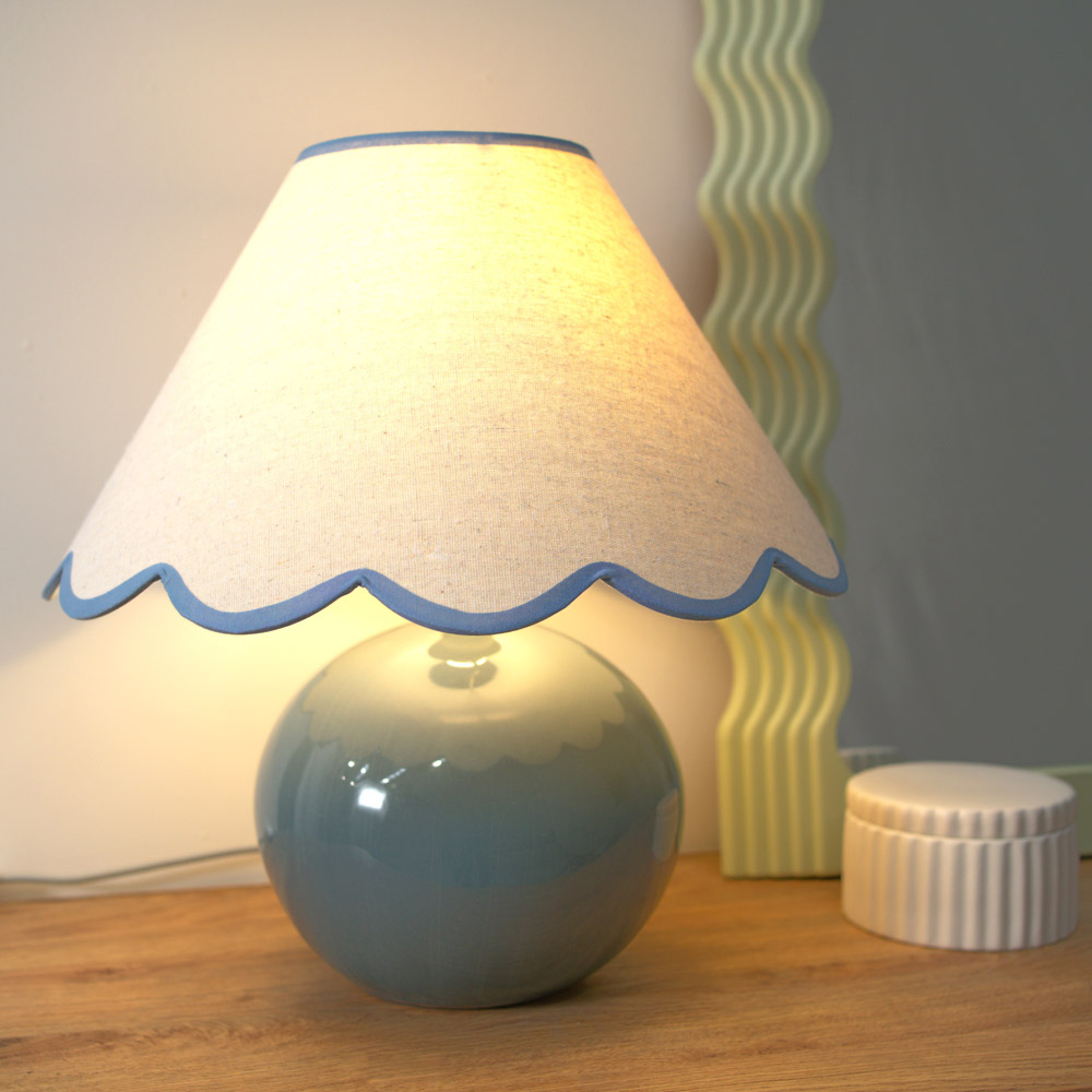 ValueLights Bosco Eucalyptus Teal Blue Trim Scallop Shade Ceramic LED Table Lamp Image 2