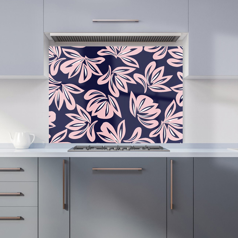 Warren Reed Designer Pink Navy Floral Botanical Glass Kitchen Splashback 65 x 90cm Image 1