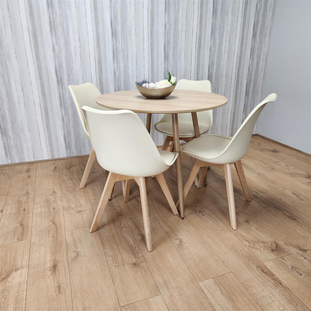 Portland 4 Seater Plastic and Leather Round Dining Set Wood Effect and Cream Image 6