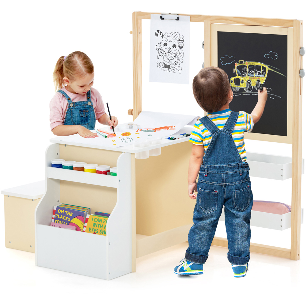 Costway White Kids Art Easel Table and Bench Set with Bookshelf Image 5