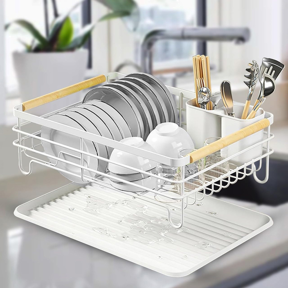 ATEK White Wooden Handle Dish Drying Rack with Drain Tray and Cutlery Holder Image 2