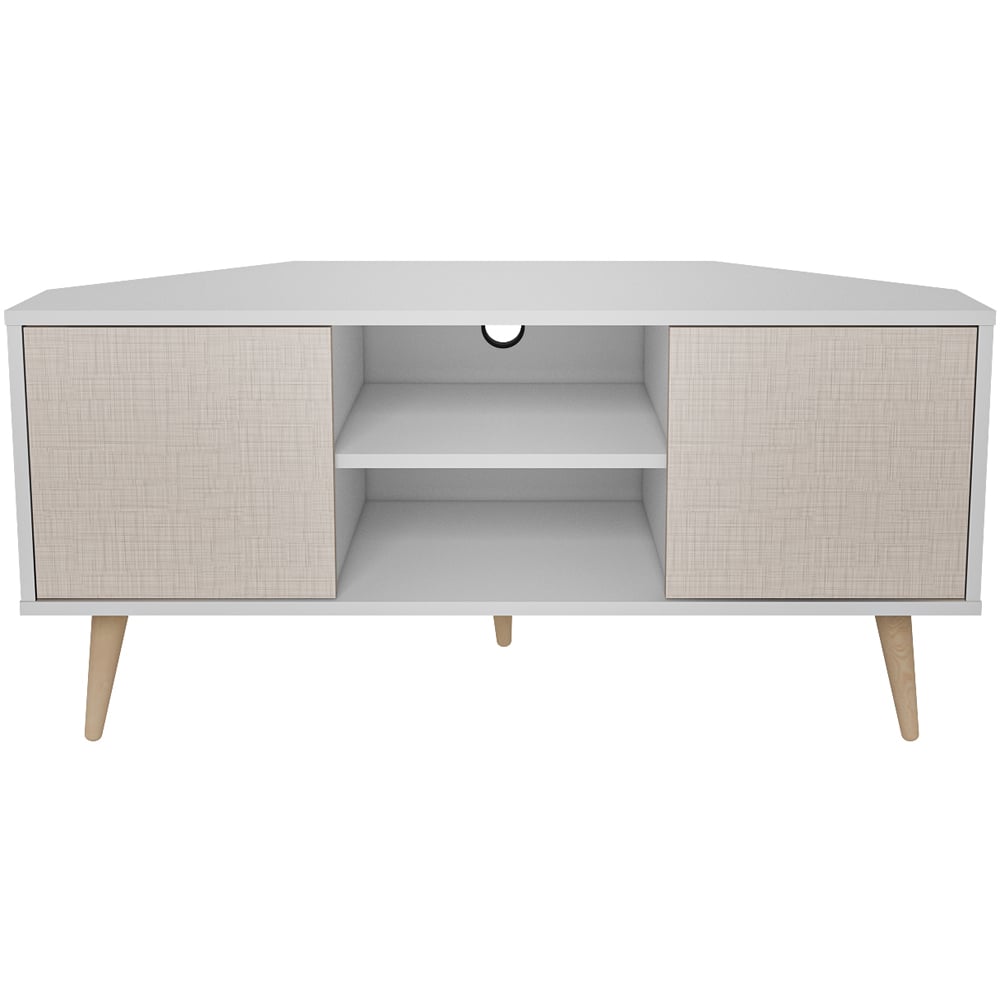 Decorotika Lesson 2 Door 2 Shelf White and Beige Corner TV Stand Image 6