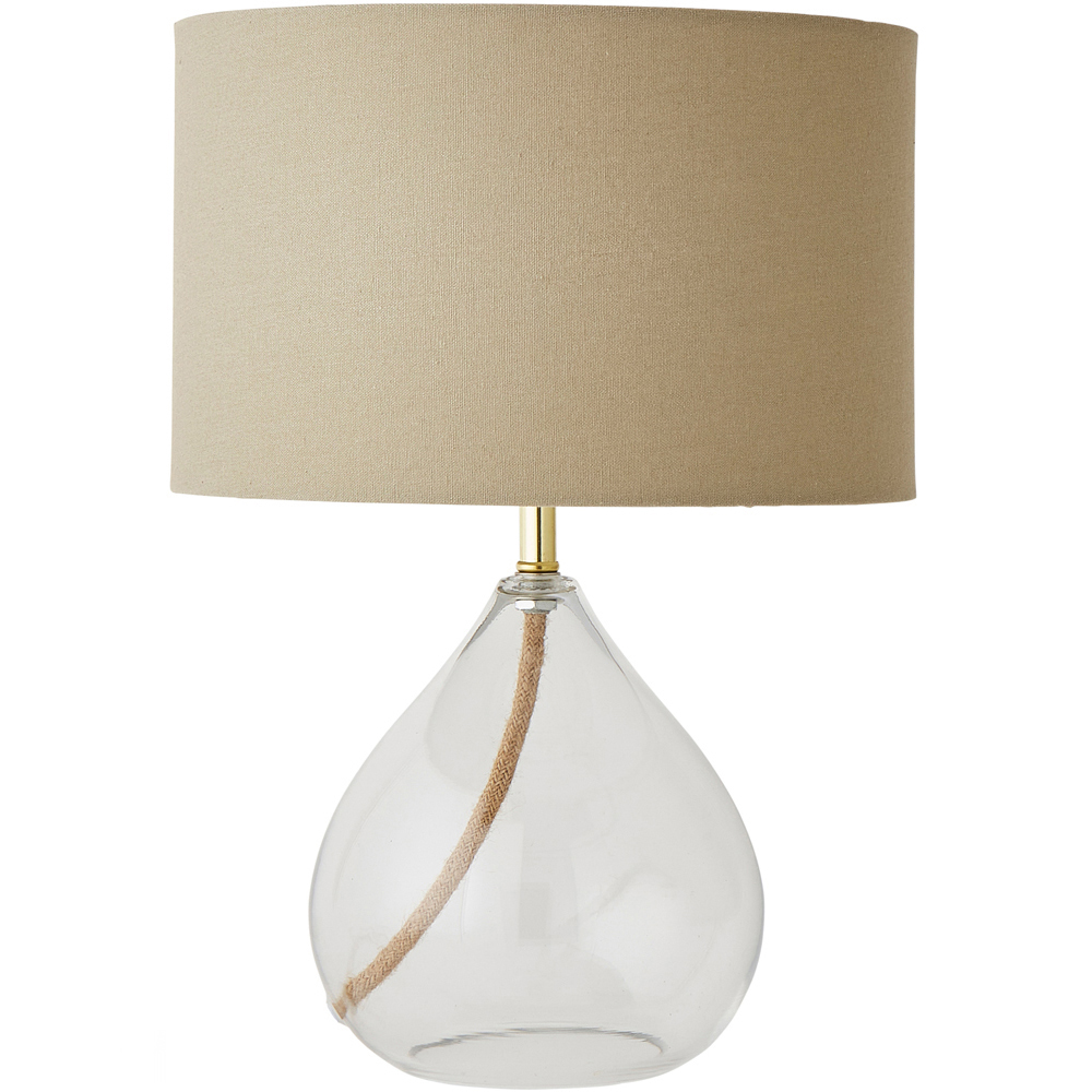 ValueLights Eloise Natural Linen Drum Shade Clear Glass Teardrop LED Table Lamp Image 1