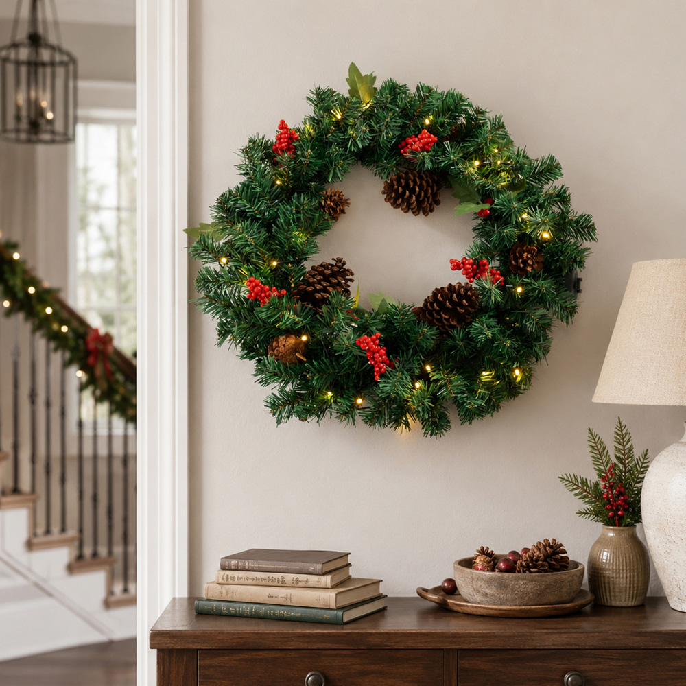 Abrihome 35 Warm White LED Artificial Cypress Christmas Wreath with Tips Pinecones and Berries 50cm Image 3