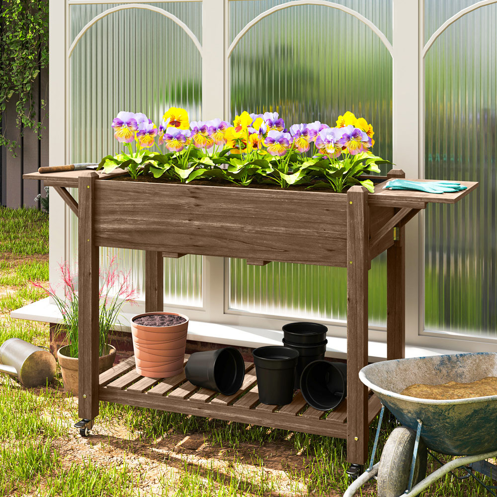 Outsunny Liner Carbonised Wooden Raised Planter with Lockable Wheels 1.7 x 4.7ft Image 2