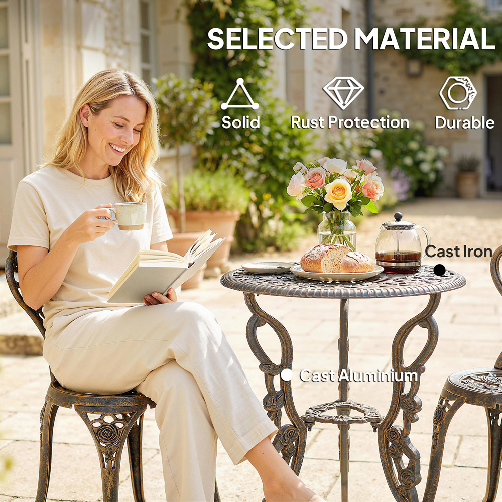 Outsunny 2 Seater Brown Rose Design Metallic Garden Bistro Set with Umbrella Hole Image 5