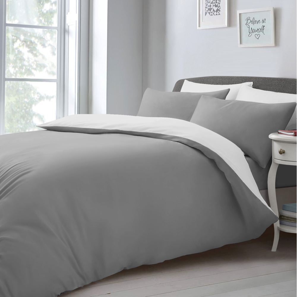 Velosso Single White and Silver Microfibre Reversible Duvet Cover Set Image 1