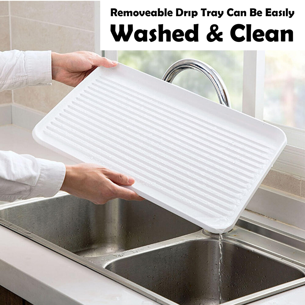 ATEK White Wooden Handle Dish Drying Rack with Drain Tray and Cutlery Holder Image 6
