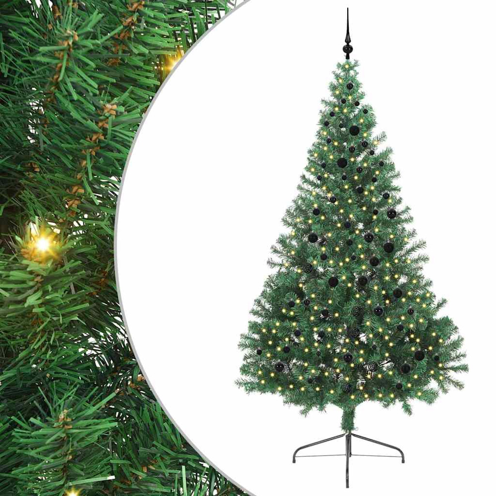 vidaXL Pre-Lit Black Baubles Green Artificial Christmas Tree 8ft Image 2