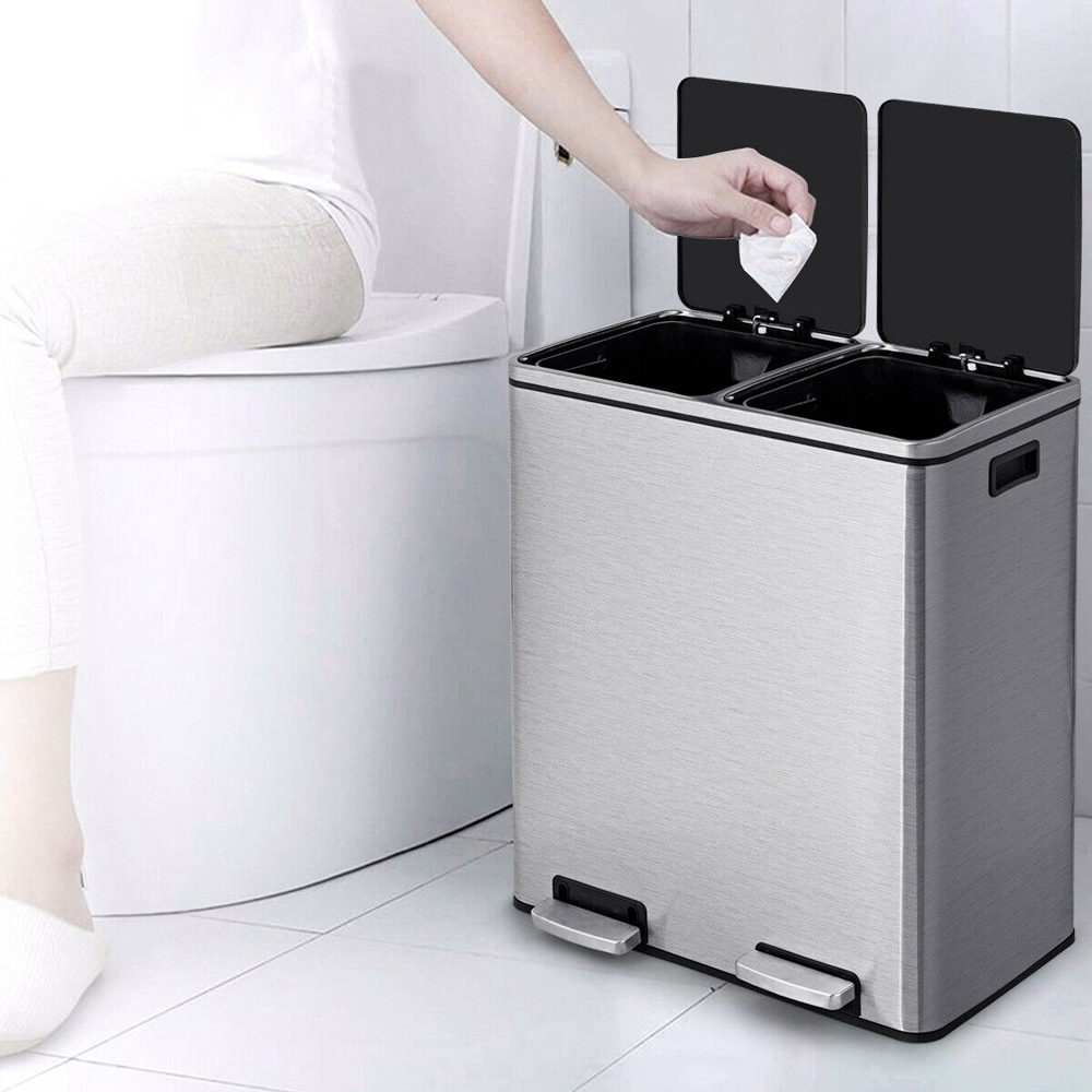 Costway Silver Double Recycle Pedal Bin with Removable Compartments 60L Image 2
