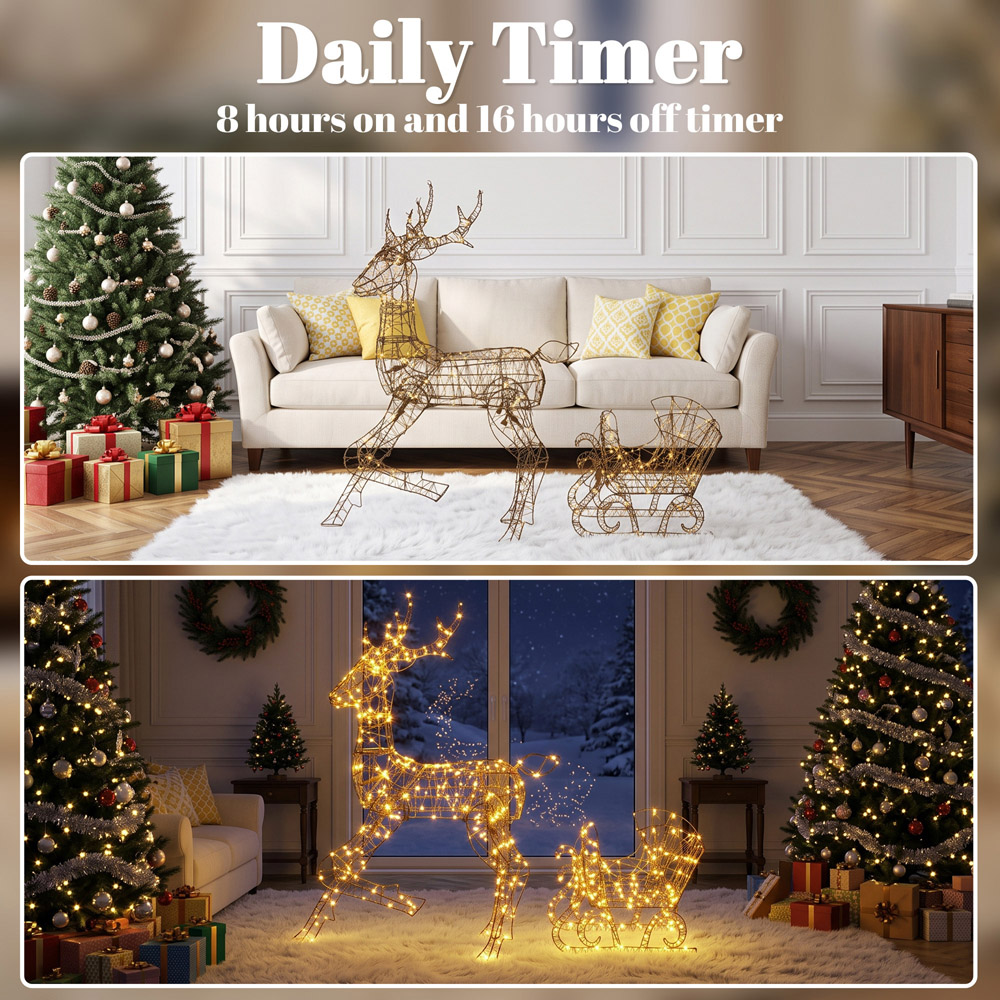 Outsunny 175 Warm White LED 2-Piece Reindeer and Sleigh Set Outdoor Christmas Decoration Image 8