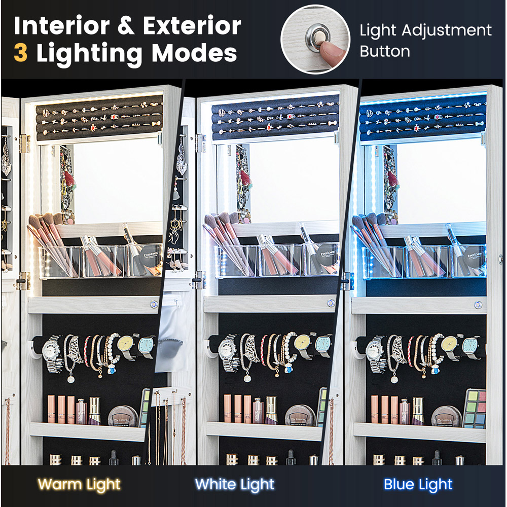 Costway Black 3 Colour LED Lockable Jewellery Mirror Cabinet Image 5