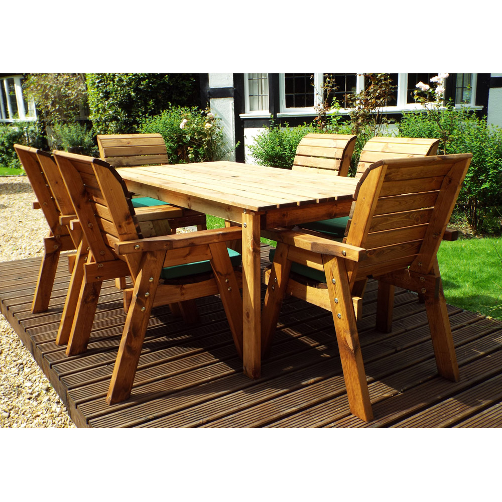 Charles Taylor Solid Wood 6 Seater Rectangular Outdoor Dining Set with Green Cushions Image 4