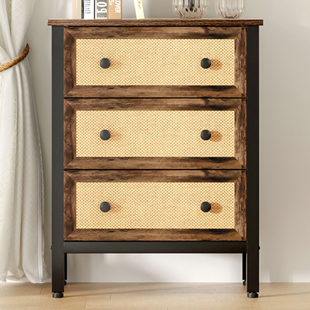 H&O Direct 3 Drawer Rattan Detailing Rustic Cabinet Image 1