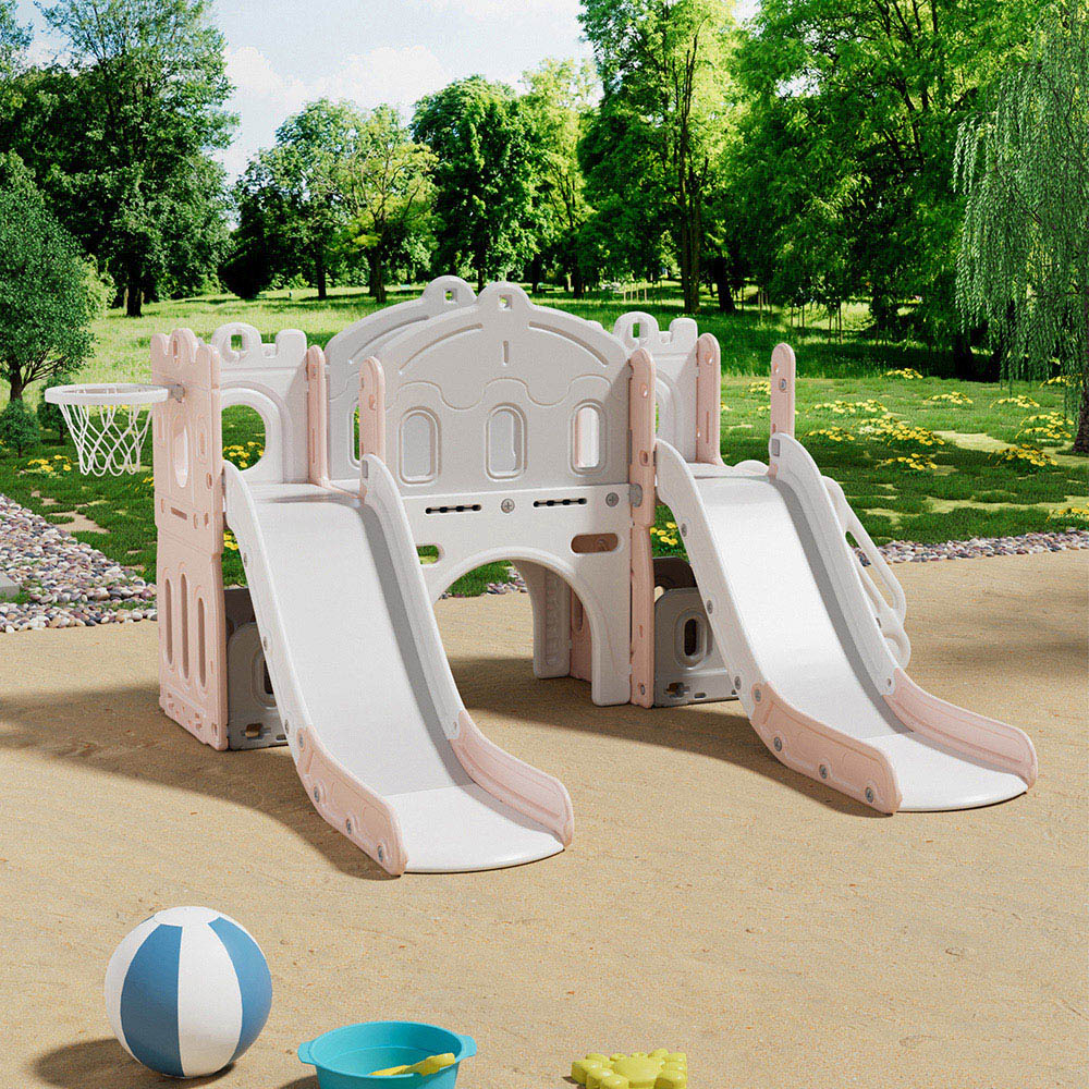 Living and Home Toddlers Pink and White Playset with 2 Slide and Basketball Hoop Image 2