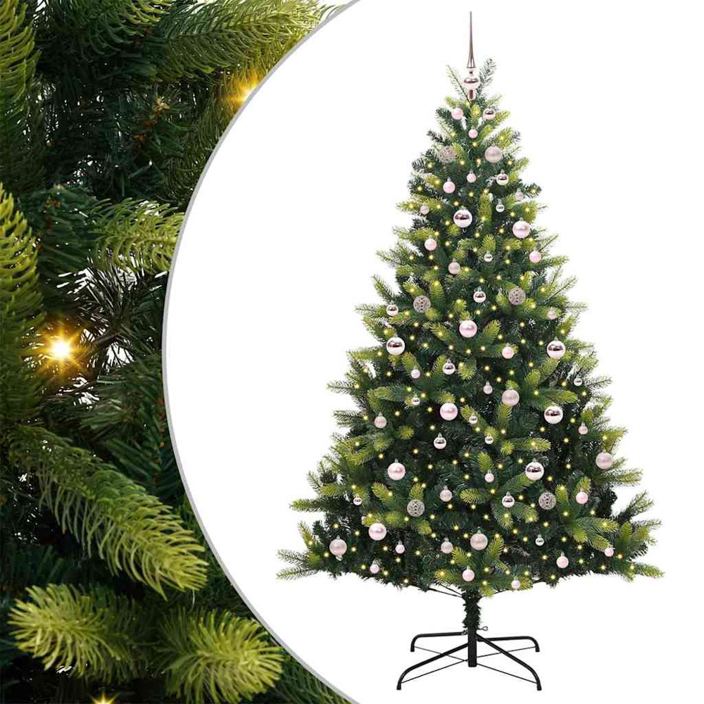 vidaXL Pre-Lit Pink Baubles Green Artificial Hinged Christmas Tree 7ft Image 2