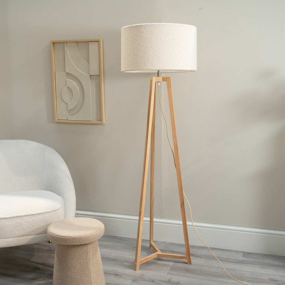 ValueLights Lottie Cream Boucle Drum Shade Natural Wood Tripod LED Floor Lamp Image 5