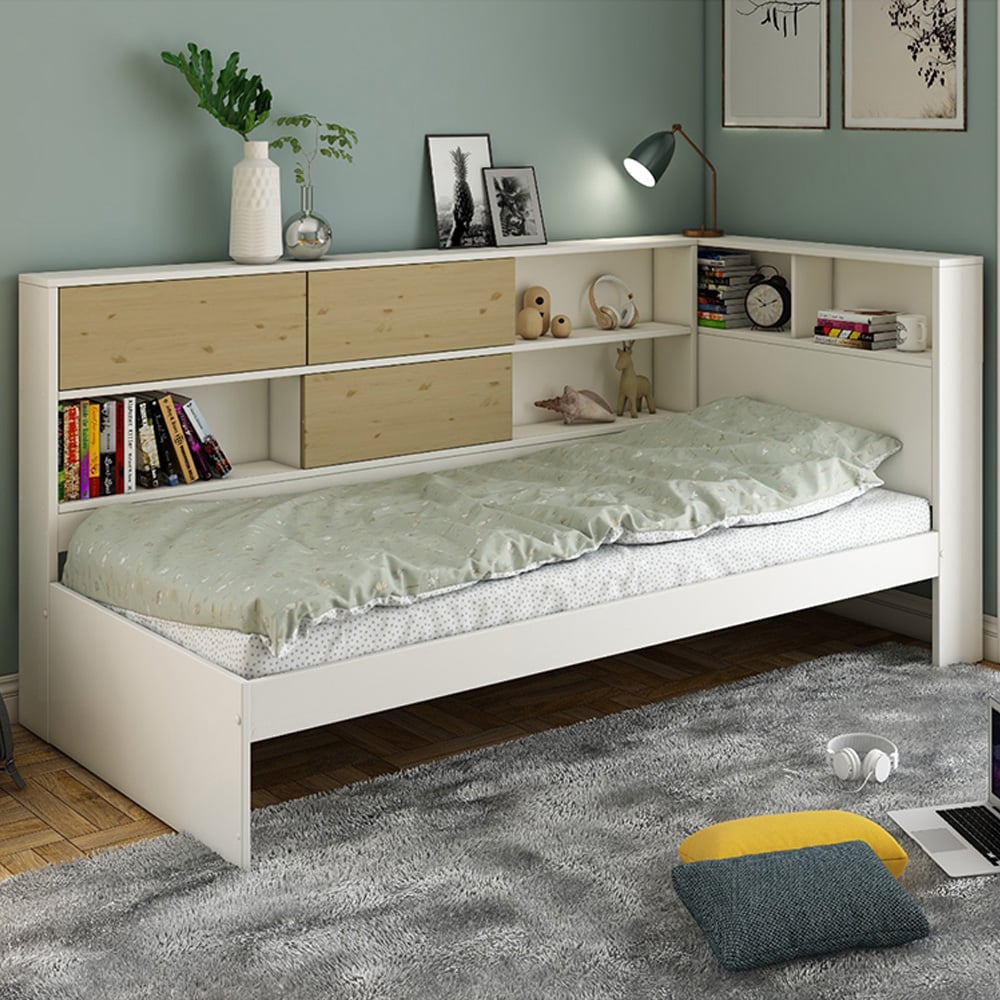Noomi Jorgi Single White and Oak Corner Bed Frame with Storage Image 5