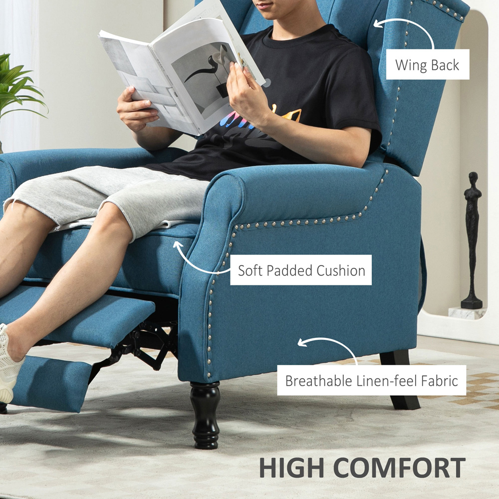 HOMCOM Blue Vintage Recliner Armchair with Nail Head Trim Image 6