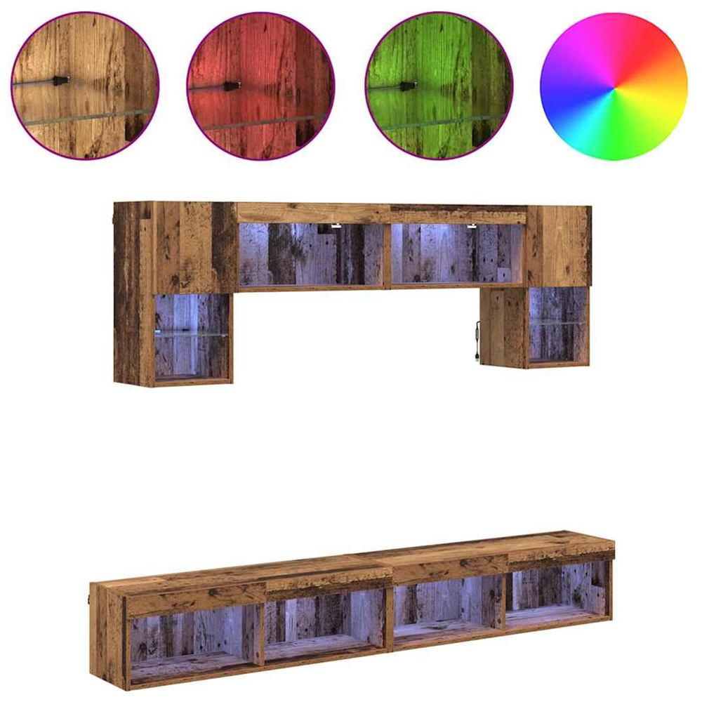 vidaXL 2 Door 10 Shelf Old Wood Wall Mounted TV Unit with LED Lights Image 4