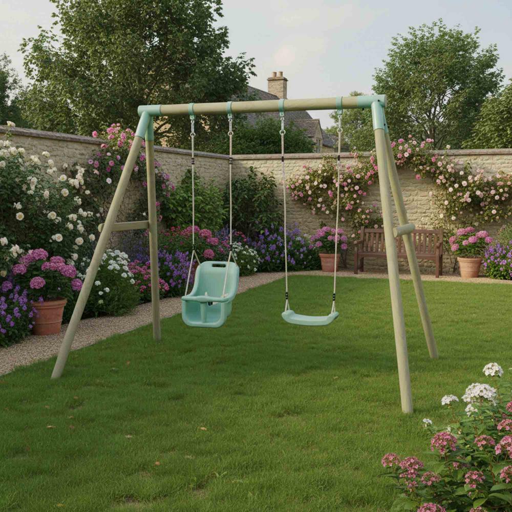 Mercia Wooden Round Pole Single Swing and Baby Seat Swing Set Image 2