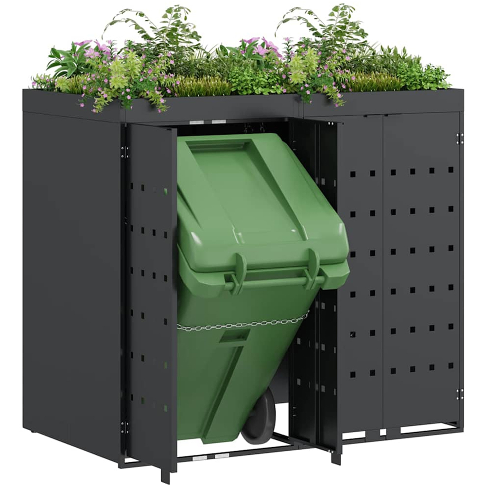 vidaXL Anthracite 2 Wheelie Bin Storage Shed with Planter Roof Image 3