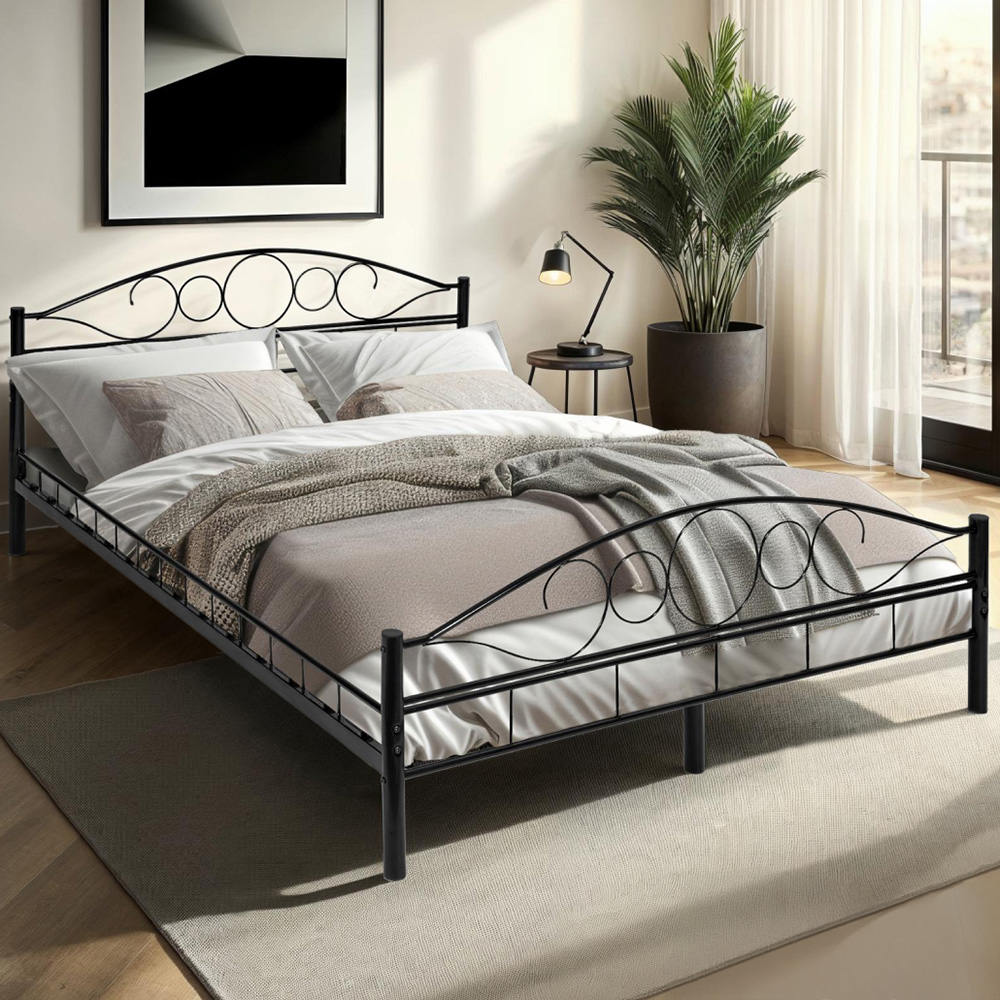 tectake Double Black Metal Bed Frame with Slatted Base Image 1