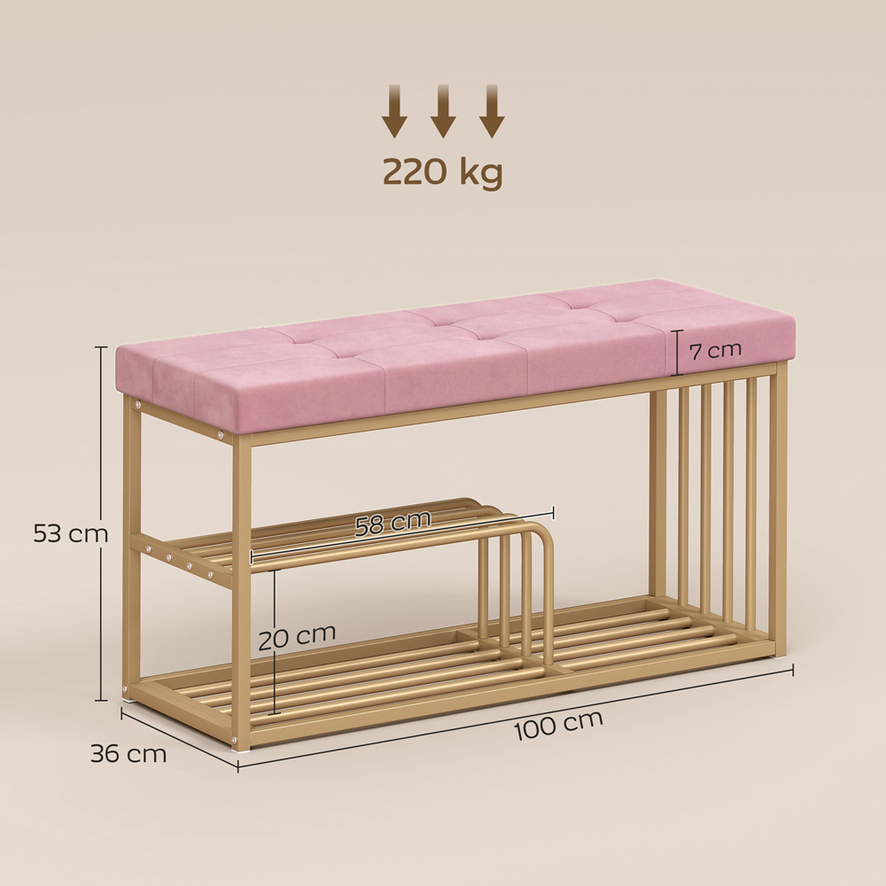 Portland 3 Shelf Pink Shoe Rack Bench with Tufted Cushion Seat Image 8