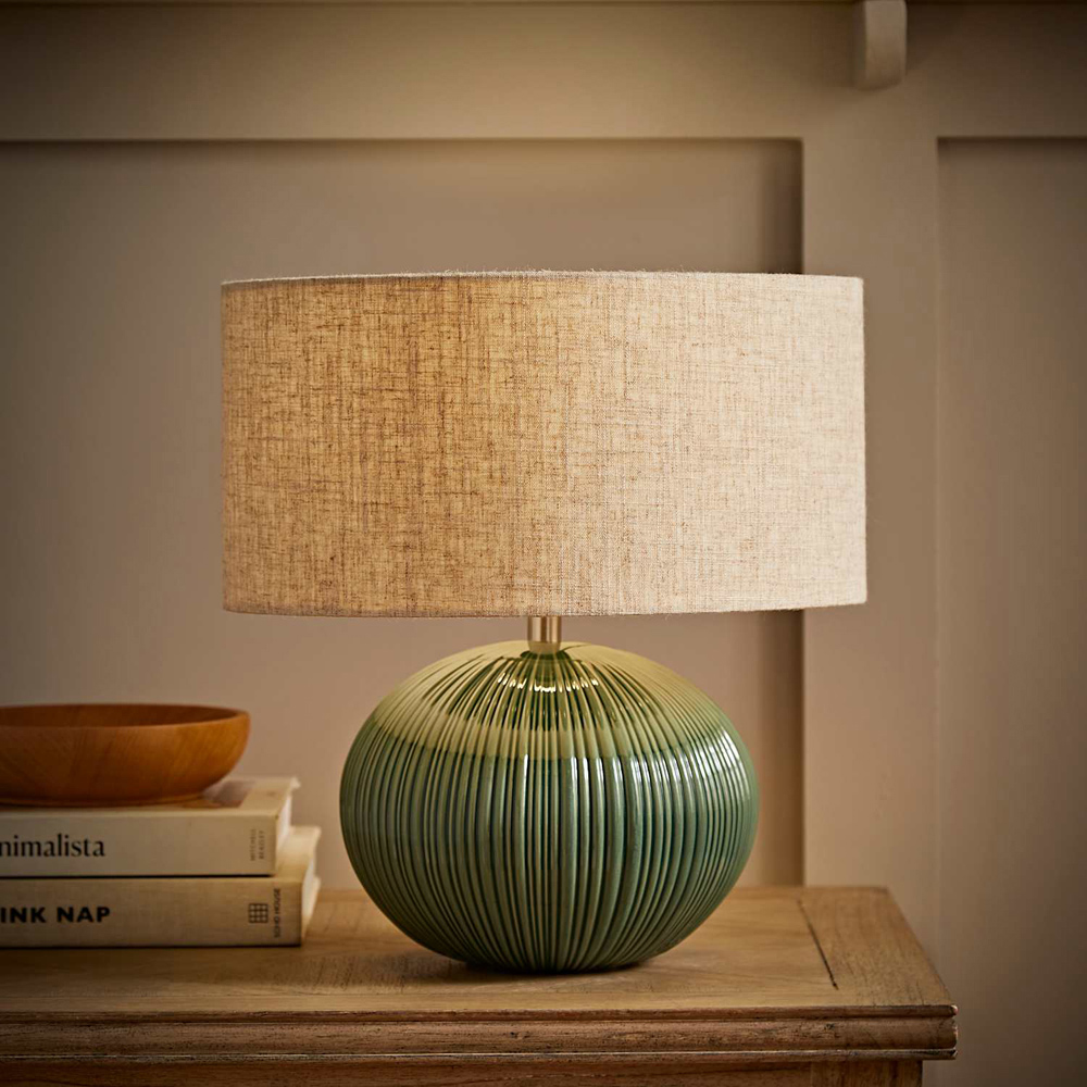ValueLights Rebecca Linen Shade Green Ribbed Ceramic Table Lamp with Bulb Image 6