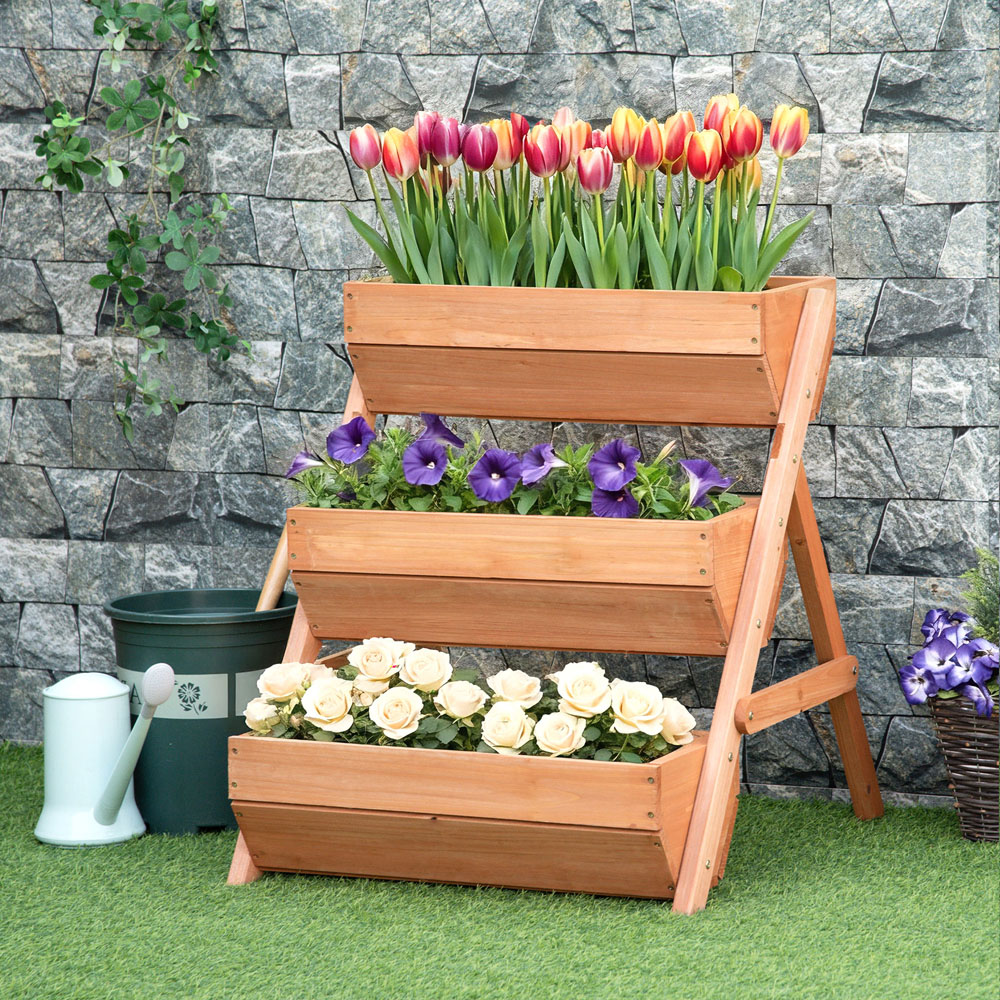 Outsunny 3-Tier Brown Wooden Raised Garden Bed Elevated Planter Box Image 2