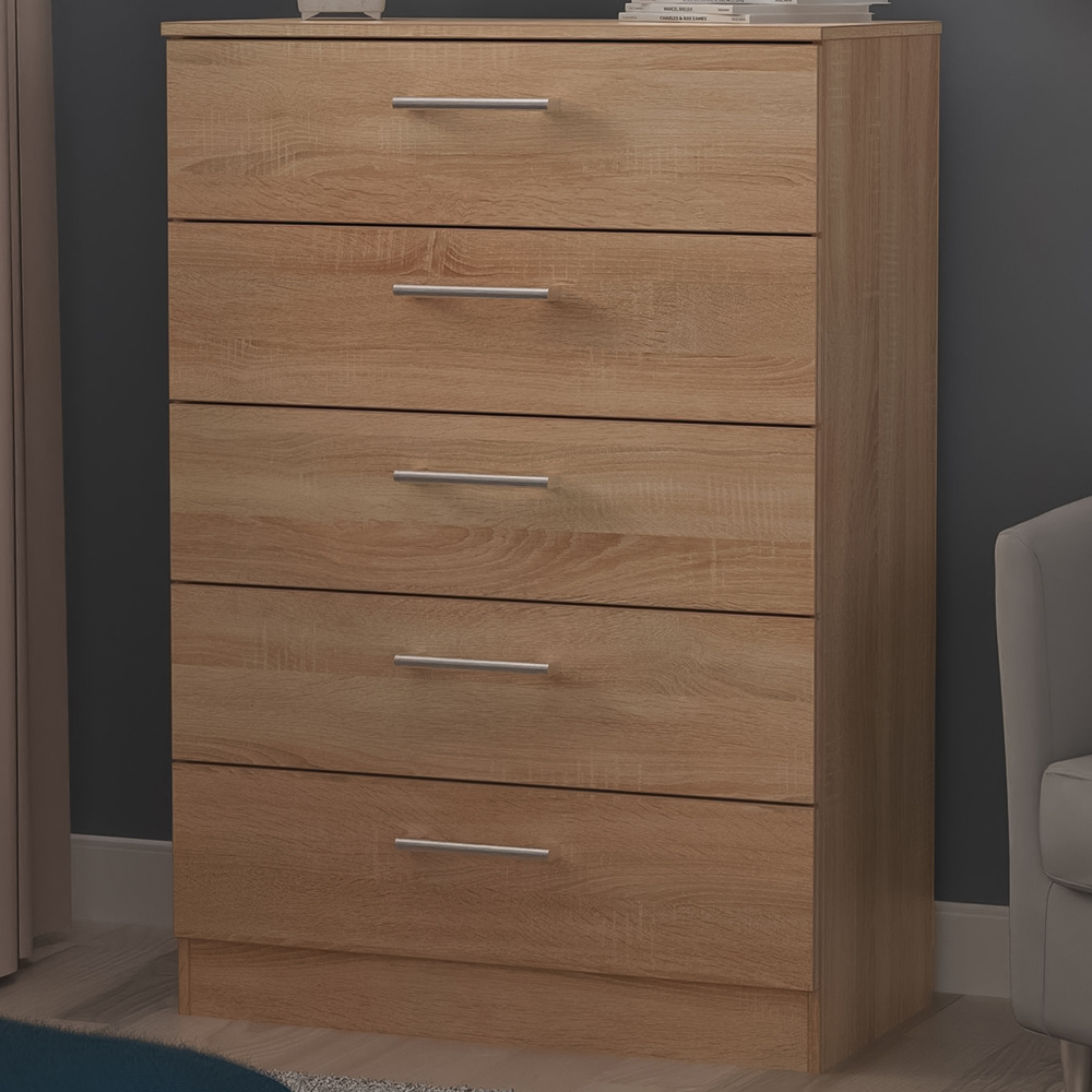 Crowndale Devon 5 Drawer Bardolino Oak Chest of Drawers Ready Assembled Image 1