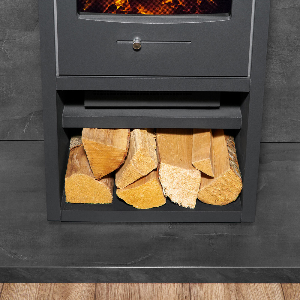 Acantha Slate Venetian Plaster Effect Tile and Hearth with Bergen XL Electric Stove and Angled Pipe Image 5