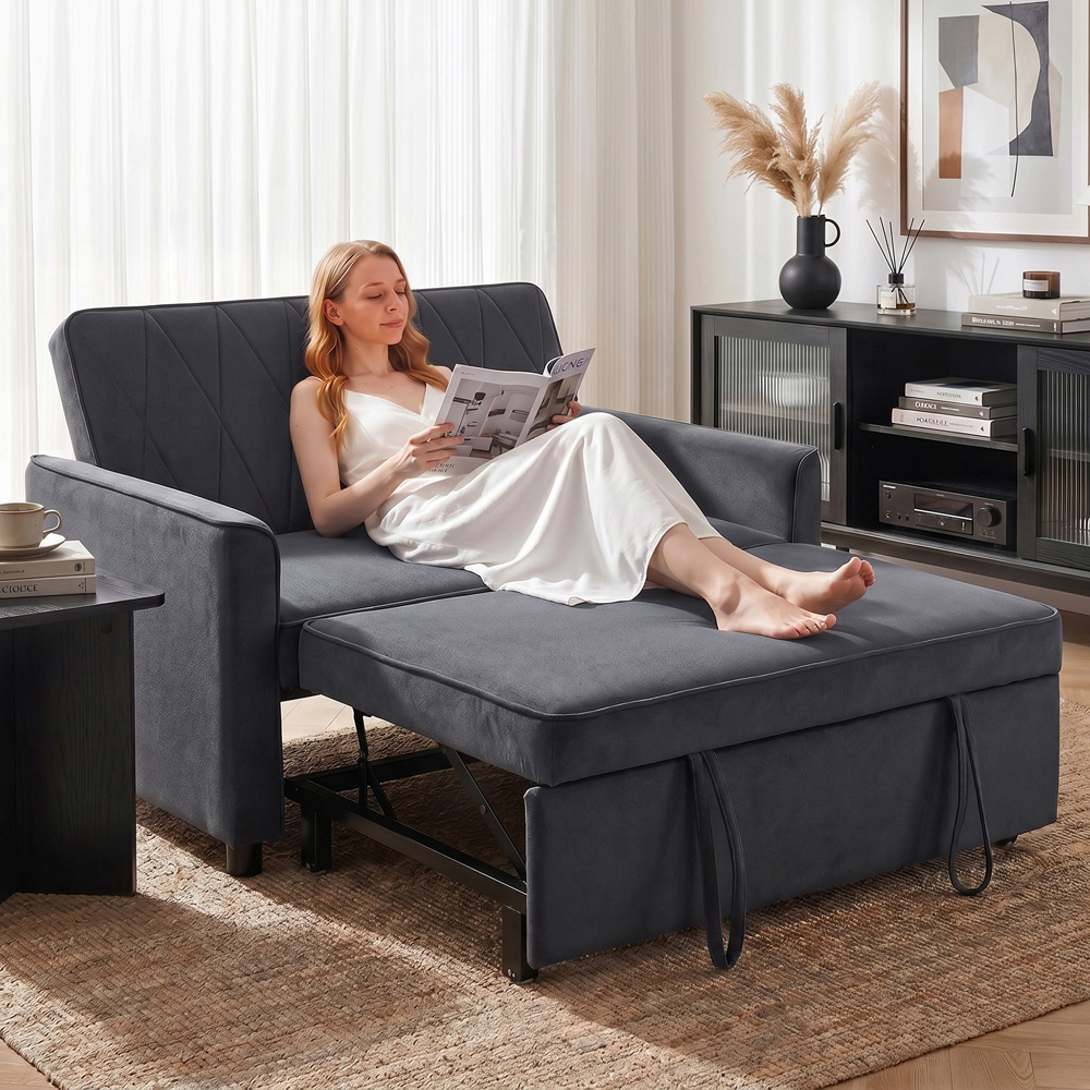 HOMCOM 3-in-1 2 Seater Dark Grey Velvet Pull Out Sofa Bed Image 2