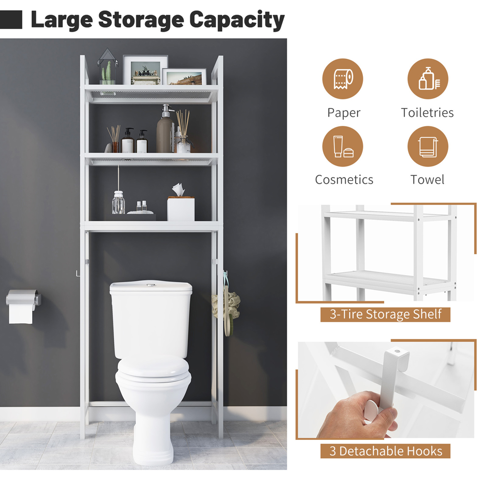 Costway 3 Shelf White Over The Toilet Storage Shelf with Hooks Image 5