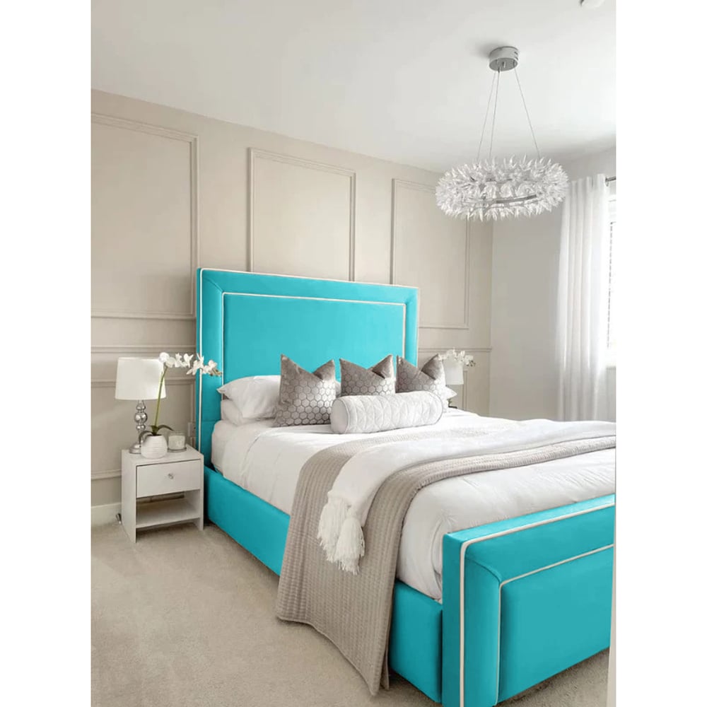 Eleganza Home Arring King Size Teal Plush Velvet Bed Frame with Headboard and Footboard Image 2