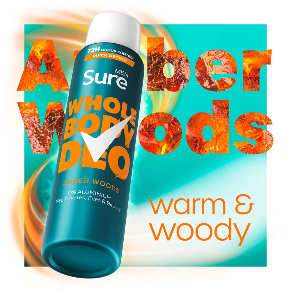 Sure Men Whole Body Amber Woods 72H Odour Protection Deodorant Spray 150ml 6 Pack Image 3