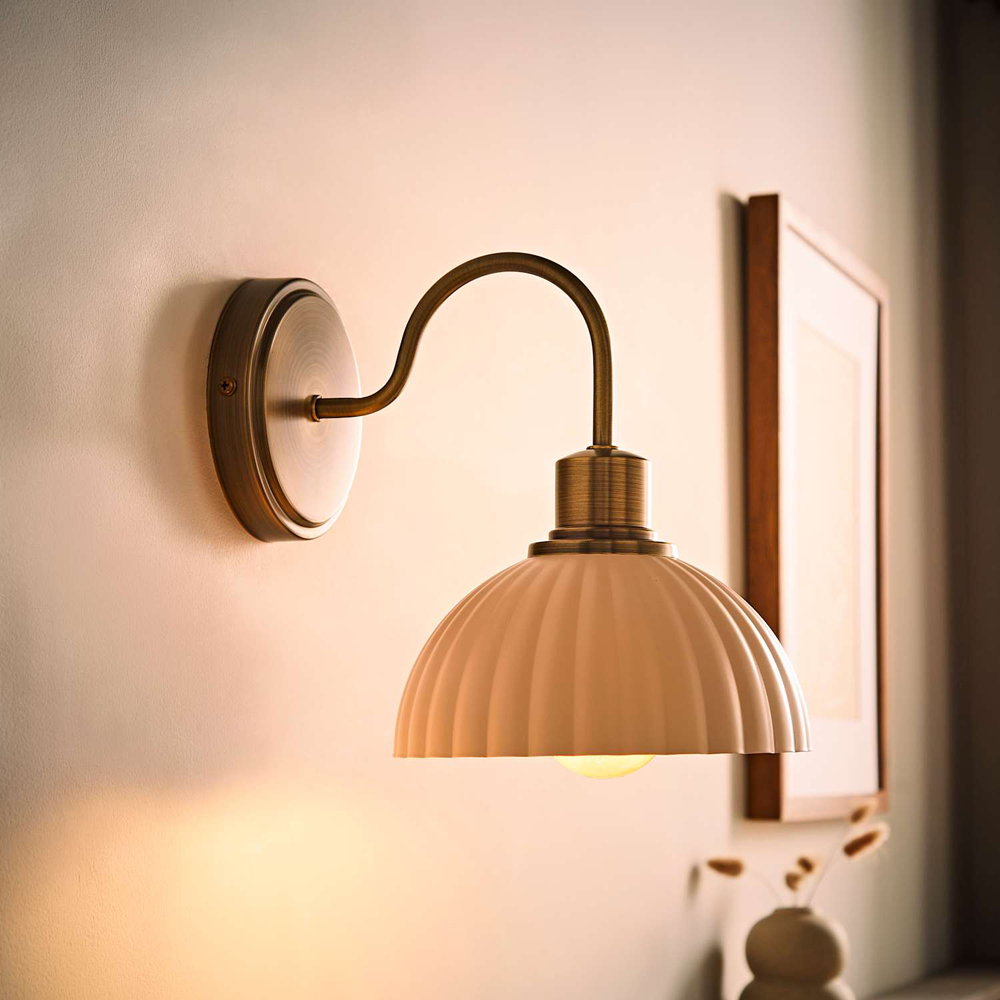 ValueLights Bourton Cream Ribbed Dome Shade Brushed Gold Wall Light with Bulb 2 Pack Image 6
