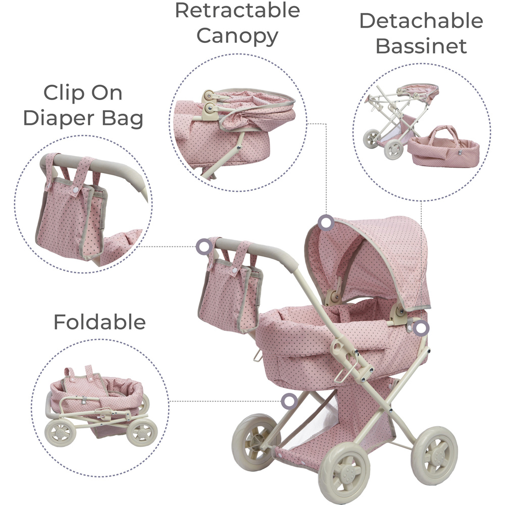 Teamson Kids Olivia's Little World Pink and Grey Polka Dots Princess Baby Doll Stroller Image 7