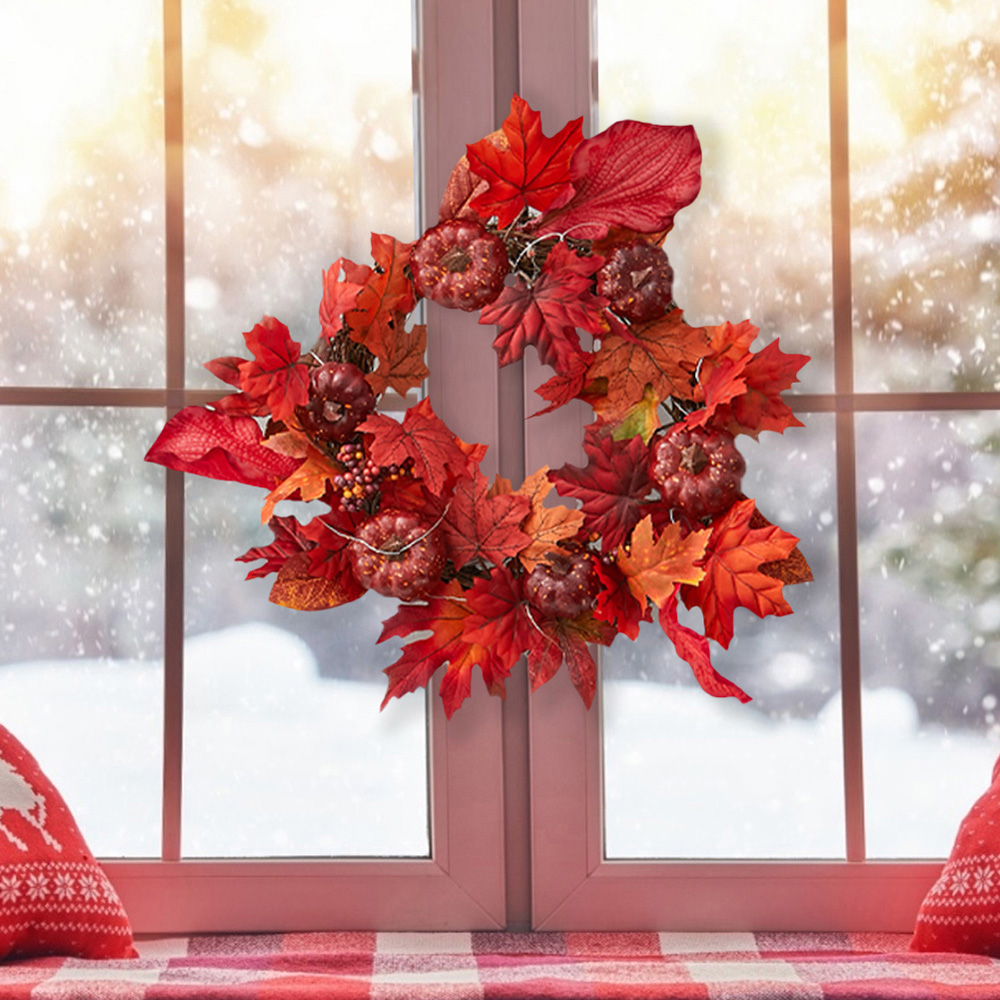 Living and Home Artificial Fall Maple Leaf Pumpkin Wreath 40cm Image 2