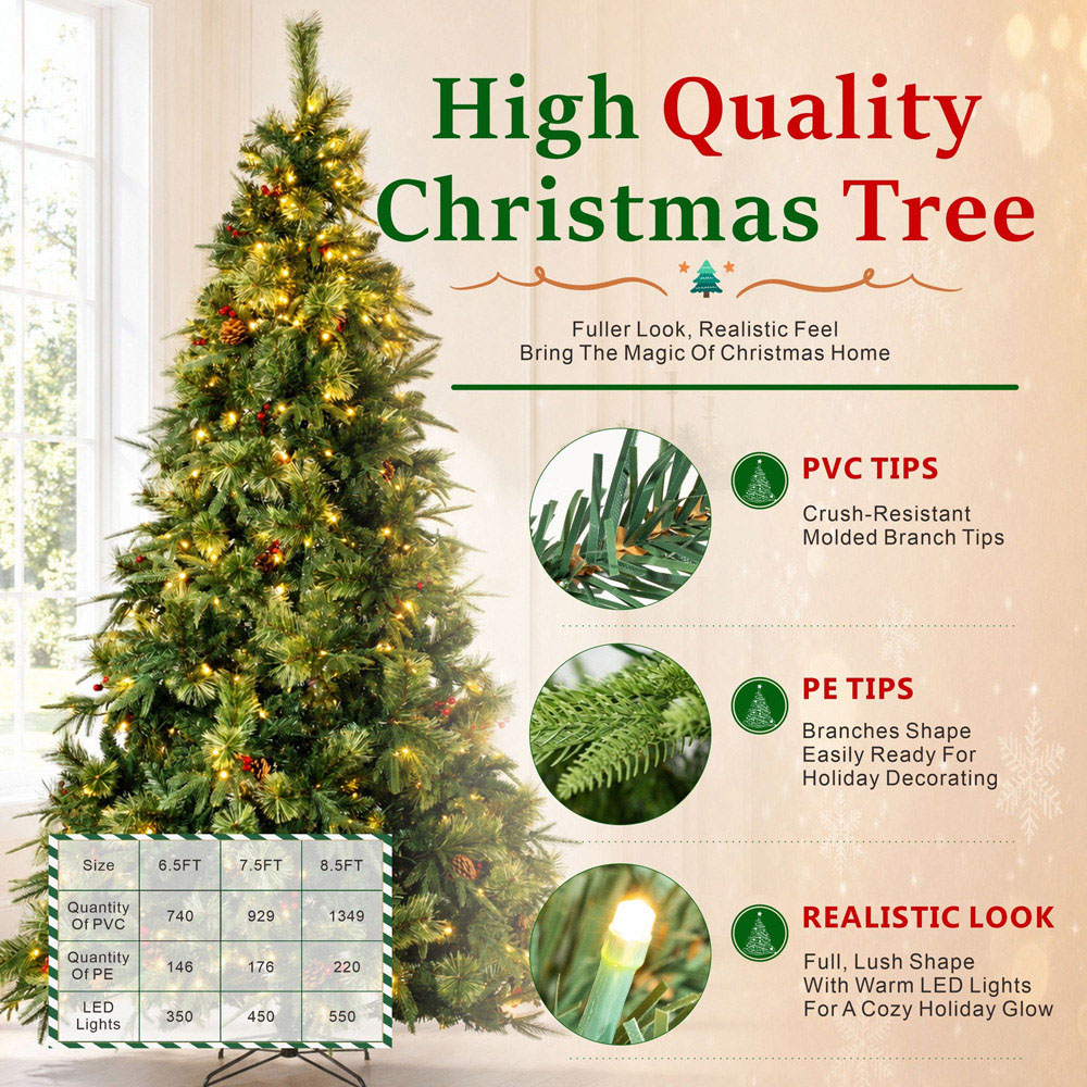 Abrihome 550 Warm White LED Pre-Lit Artificial Christmas Tree with Berries and Pinecones 8.5ft Image 4