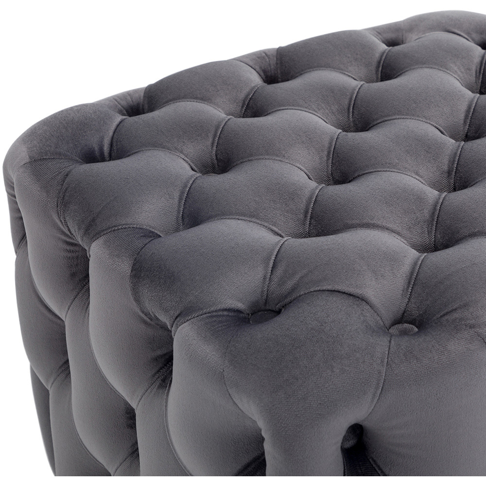 Living and Home Grey Square Velvet Upholstered Buttoned Footstool with Buckle Design Image 6