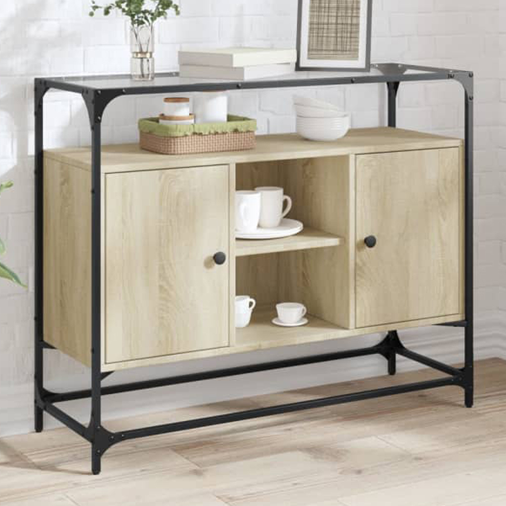 vidaXL 2 Door 3 Shelf Sonoma Oak Glass Top Sideboard Image 1