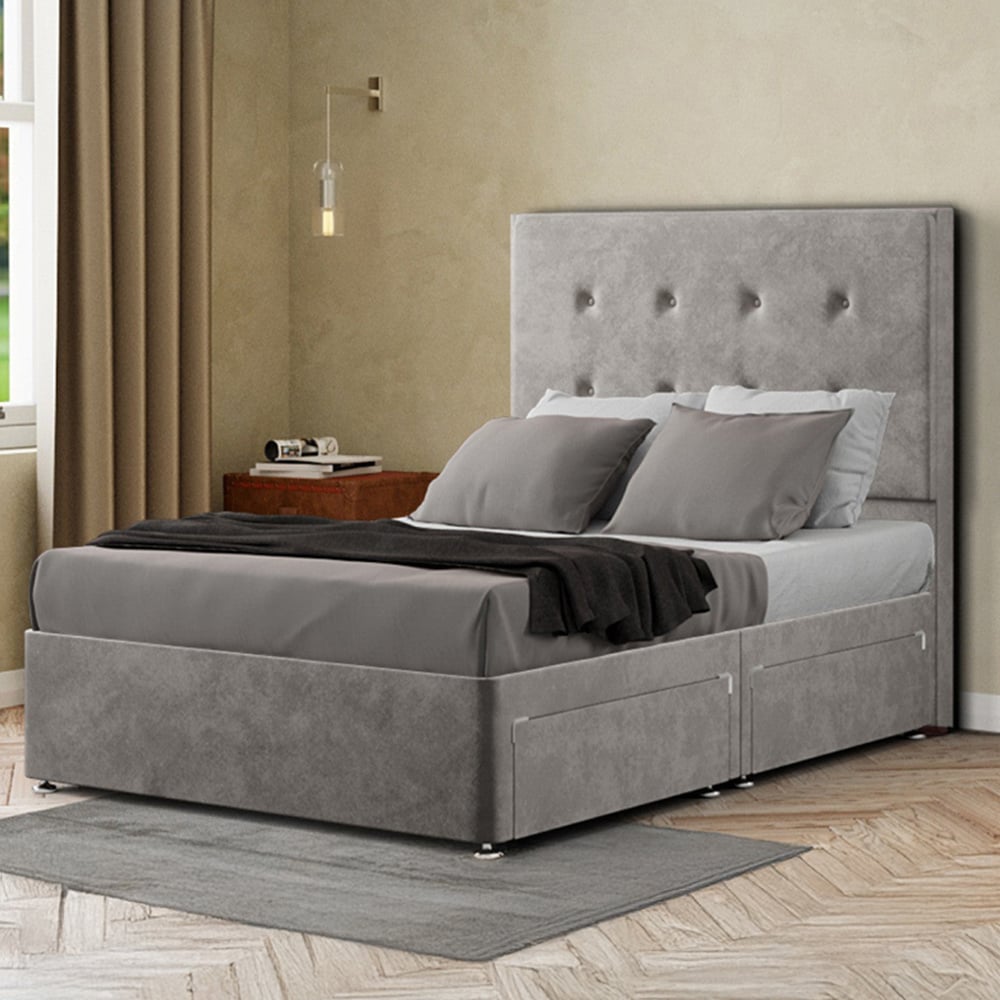 Portland Darlington Double Silver Plush Divan Bed with 2 Drawers and Headboard Image 1