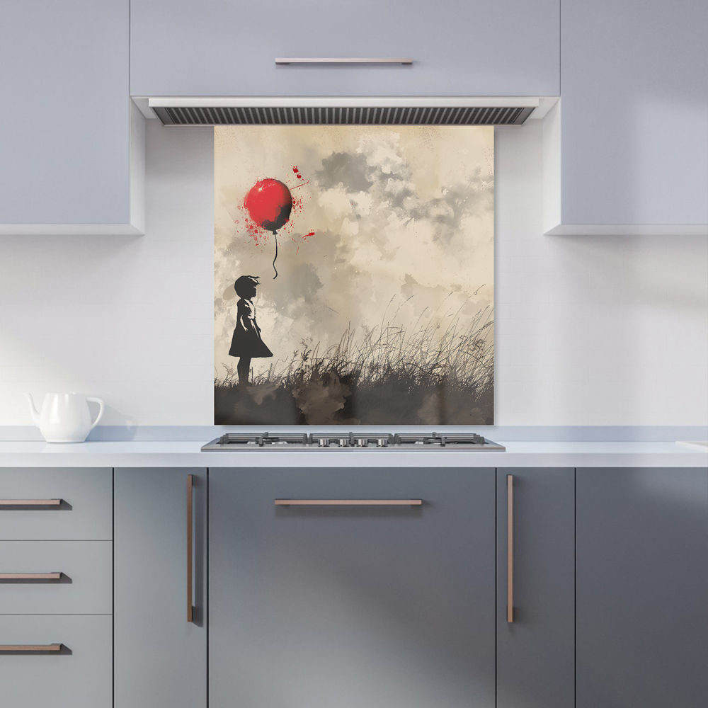 Warren Reed Designer Dreamy Banksy Inspired Girl With Red Balloon Glass Kitchen Splashback 65 x 70cm Image 1